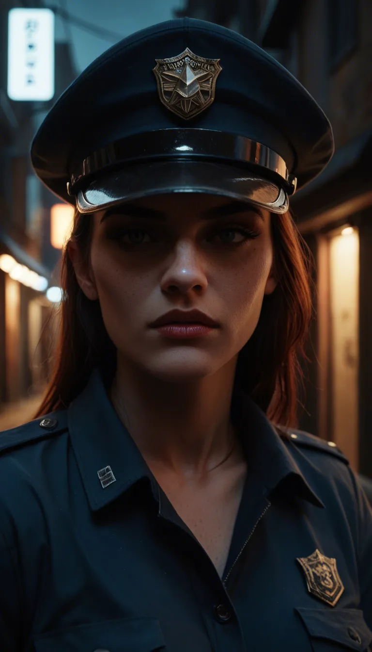 A clandestine, high-tension encounter in a dimly lit urban alleyway at night, illuminated by the rhythmic pulsing of red and blue police lights reflecting off damp brick walls. A gorgeous, athletic police officer in her early 40s, with chestnut brown hair pulled into a tight ponytail, is kneeling on the asphalt in her full, crisp dark-blue police uniform. She is passionately performing a deepthroat blowjob on a towering, muscular dark-skinned male colleague; his face remains completely out of frame, emphasizing his imposing physical presence. Both are clad in full official uniforms, blending duty with desire. The male officer has both hands firmly gripping the back of her head, driving her deeper with a commanding intensity. A subtle, realistic glint of saliva trickles down her chin, while her expression captures a fleeting moment of breathless discomfort and intense passion. Beside them, the silhouette of a parked police cruiser anchors the scene in a gritty, atmospheric realism.