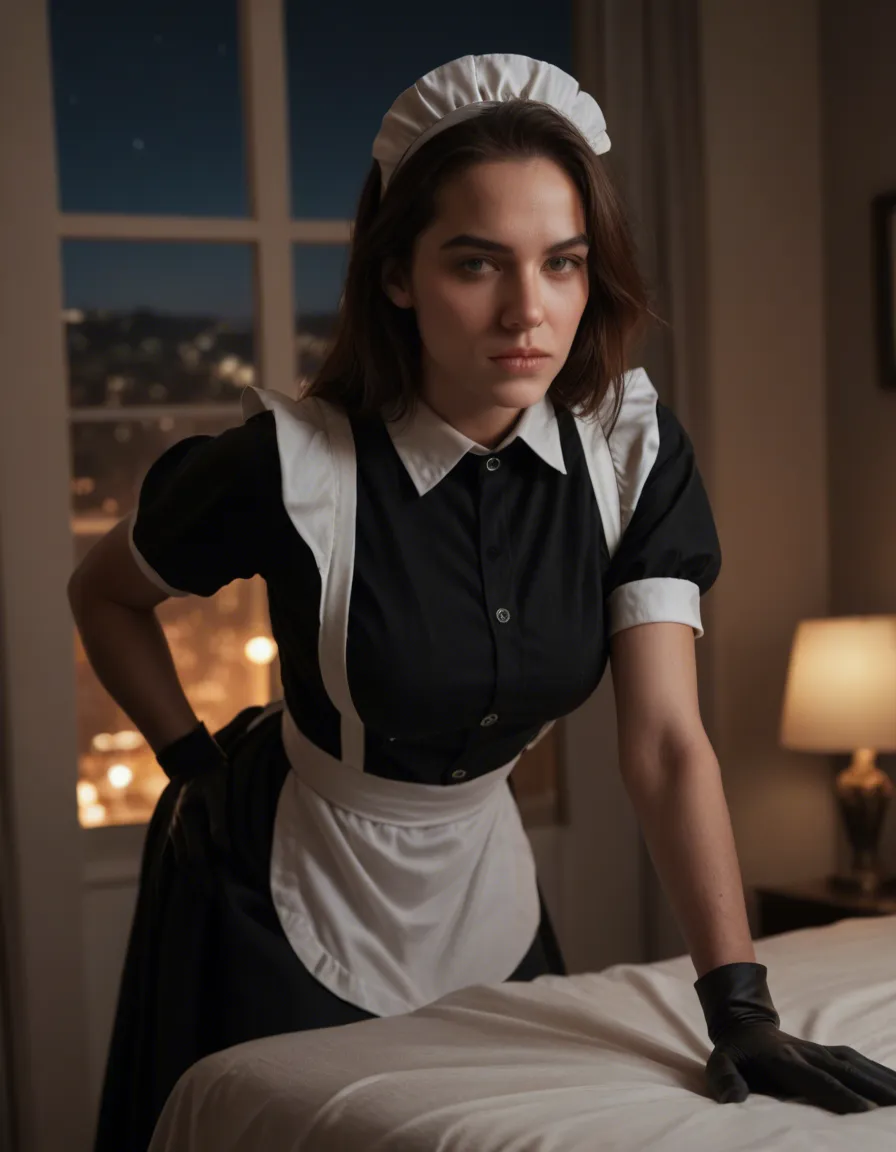 best quality, hyperrealistic, maid, hand on own hip, black gloves, doggy style, night, photorealistic, score_9, score_8, candid photo, realistic skin texture, visible skin pores, film grain, depth of field