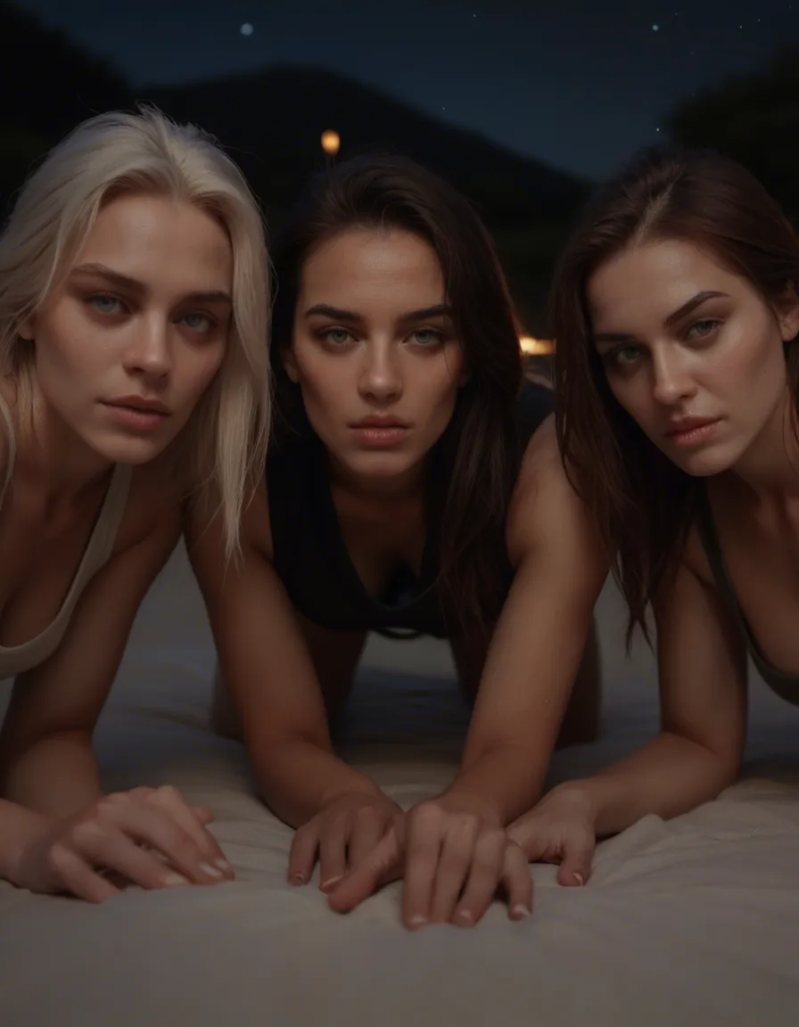 RAW photo, ultra realistic, 3women, toned body, sleeveless, on all fours, night, close-up, moonlight, hyperrealistic, score_9, score_8, candid photo, realistic skin texture, visible skin pores, film grain, depth of field