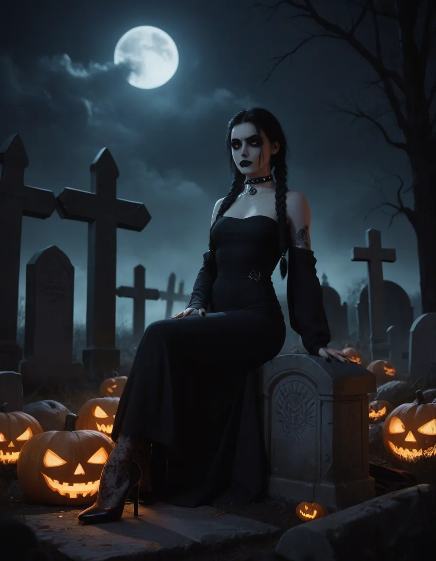 ultra HD, lifelike, a young woman dressed in a goth style with black hair in twin braided pigtails wearing a black dress with a white collar and black lace tigh high stocking and high heels sitting on a tombstone in a night graveyard setting with glowing jack o lanterns in the background giving a handjob to one man and the man is having a squirting ejaculation on her clothes, score_9, score_8, candid photo, realistic skin texture, visible skin pores, film grain, depth of field
