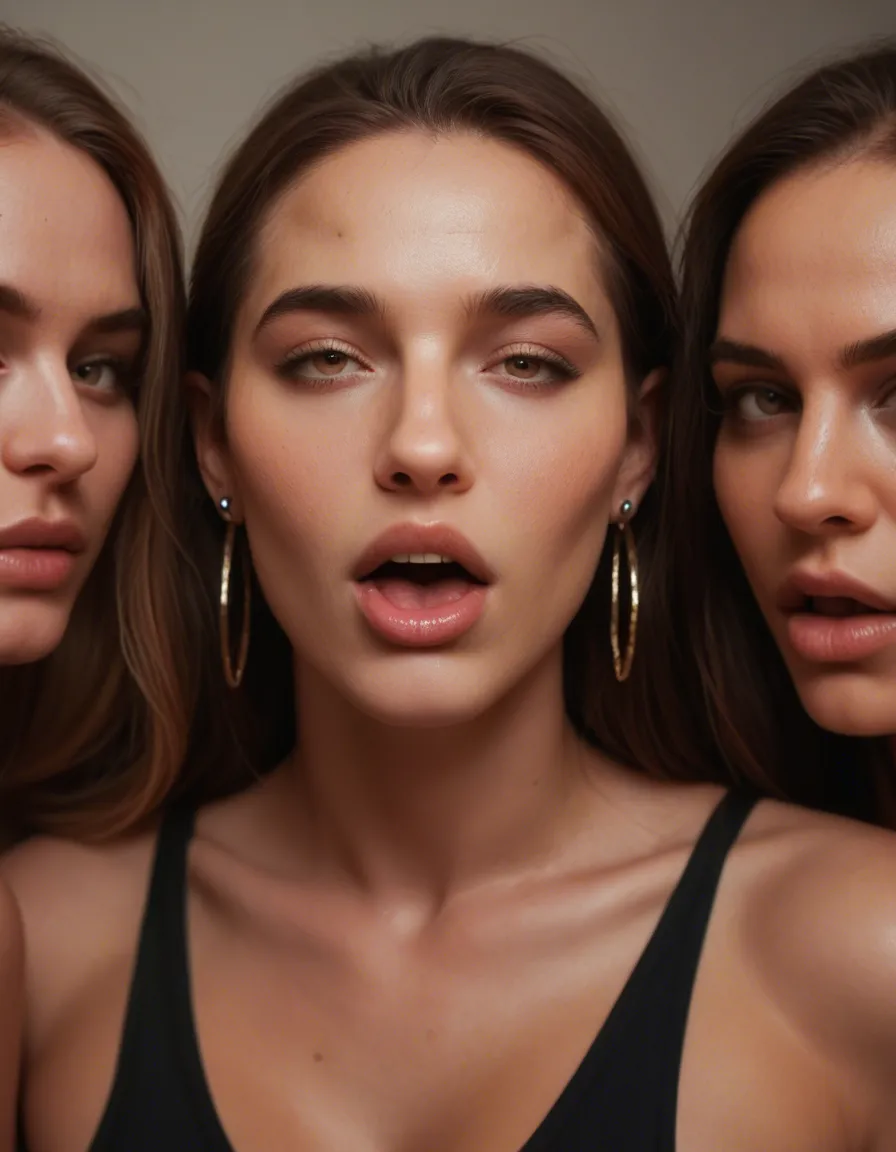 RAW photo, ultra realistic, 5women, brown hair, earrings, ahegao, rim light, hyperrealistic, score_9, score_8, candid photo, realistic skin texture, visible skin pores, film grain, depth of field