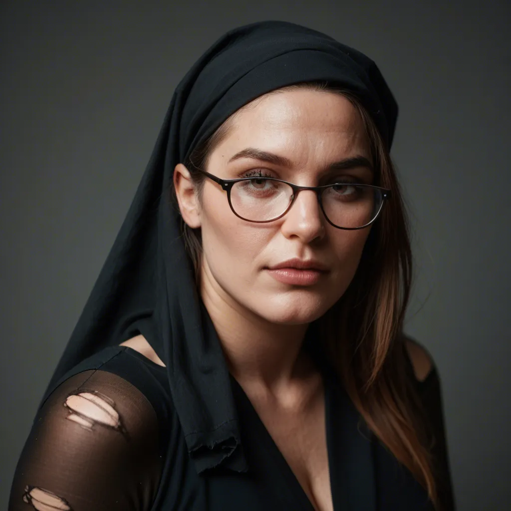Photorealistic scene, ultraorthodox chubby Jewish woman, milf, hair wrapped by black headscarf, hair entirely covered by headscarf, glasses, ripped pantyhose, hairy pussy, open unbuttoned brown shirt exposing her tits, long sleeves, loose bra exposing her tits, big saggy natural boobs, hotwife lifestyle, interracial gangbang on a bed, slutwife, dripping cum, double_penetration, sandwiched double penetrated, deep throat, fellatio, males only, reverse cowgirl, legs spreader, black men, gangbang, rough sex, all male gang, front view