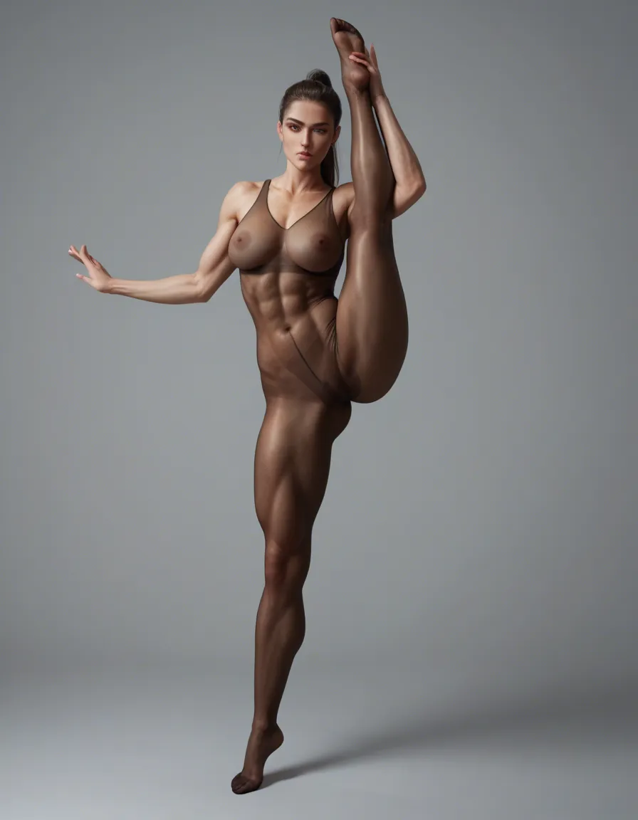 hot woman, full_body,woman doing splits while standing, standing_on_one_leg, splits, one foot over her head and one on the floor, oversplit, head_tilt, gold transparent pantyhose, transparent white bodystocking, ponytail, athletic, woman has abs, gymnast, barefoot, long legs, blonde, on pointe, tan, tall, slim, narrow_waist, hentai_studio_quality, exposed pussy, hard nipples, transparent nylon, visible pussy, no underwear, hentai_studio_quality, score_9, score_8, cinematic film still, anamorphic, film grain, dramatic lighting, shallow depth of field, score_9, score_8, 3d render, octane render, subsurface scattering, ray tracing, smooth shading, score_9, score_8, cinematic film still, anamorphic, film grain, dramatic lighting, shallow depth of field, score_9, score_8, candid photo, realistic skin texture, visible skin pores, film grain, depth of field, score_9, score_8, amateur photo, phone snapshot, realistic skin texture, skin blemishes, soft indoor lighting