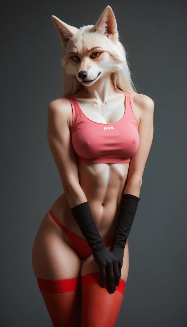 Digital illustration of an anthropomorphic female fox with red and white fur, wearing a pink crop top, black opera gloves, and red thigh-high stockings. She has a flushed, blushing expression, leaning against a black desk in a dimly lit room with red-toned walls and a wooden floor. Resting on the desk is a massive, oversized phallus that extends far across the room, dripping with thick, viscous white fluid that pools on the floor. On the desk next to her sits a small, glowing blue bottle labeled "GROW." In the background, a sign on the wall reads "BREEDING ROOM" with "NO CONDOMS" scrawled in red marker beside it. A blue laptop lies open on the ground. The composition uses a wide-angle perspective to emphasize the scale of the phallus. The lighting is moody and warm, dominated by a red and pink color palette, creating a surreal and erotic atmosphere. The art style is clean, modern digital 2D art with smooth shading and bold line work.