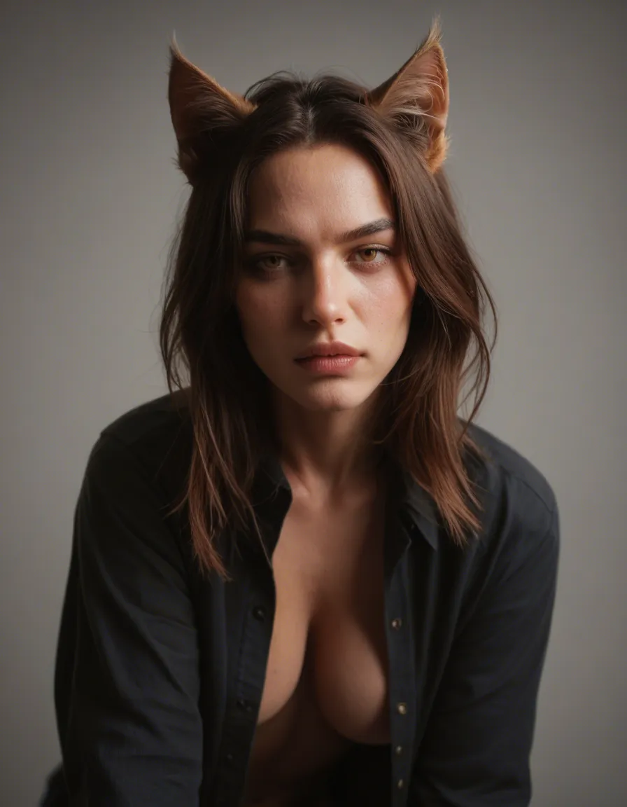 RAW photo, ultra realistic, catgirl, hourglass figure, open clothes, doggy style, studio photo, score_9, score_8, candid photo, realistic skin texture, visible skin pores, film grain, depth of field