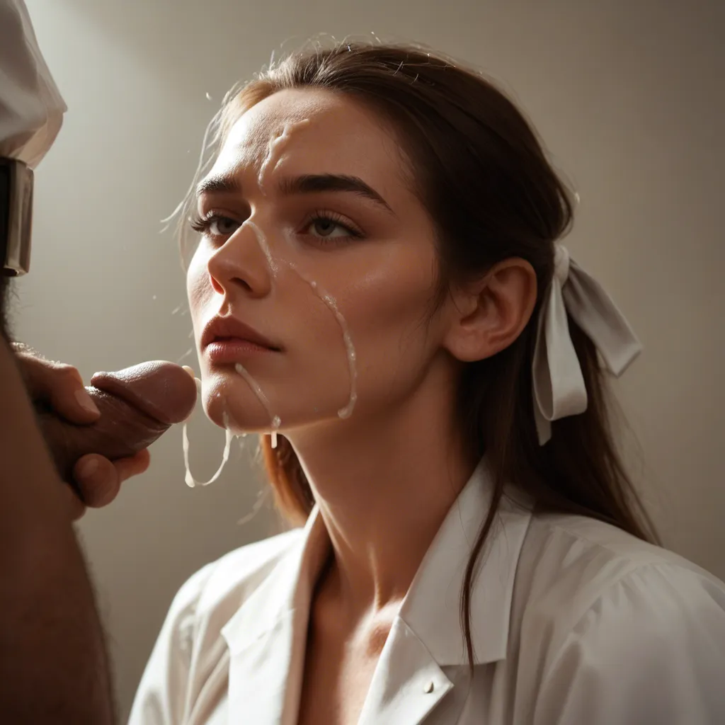 professional photo, high detail, 1boy, hair ribbon, puffy sleeves, cum on face, spotlight, hyperrealistic