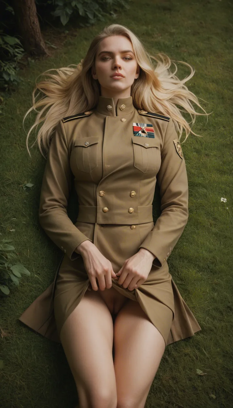 masterpiece, best quality, blonde_hair woman, lying on park grass, pale_skin female, brown military_uniform, skirt_lift, depth_of_field, crisp lineart, detailed shading, hentai_studio_quality