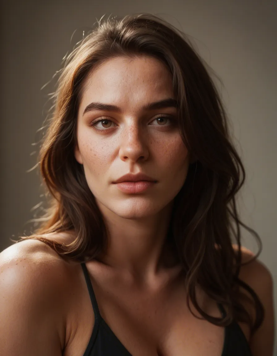 life-like, veloptuous, pale with freckles on cheeks and slight piggy nose. Brunette wavy long hair., score_9, score_8, candid photo, realistic skin texture, visible skin pores, film grain, depth of field