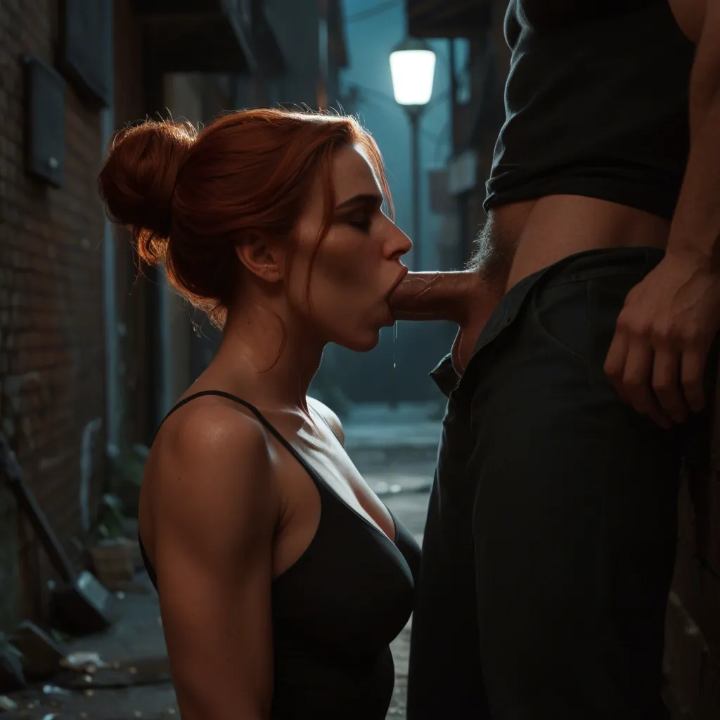 deepthroat blowjob, clothed sex, night, in back alley, ((mature female:1.3)), natural redhead, hair in bun, medium breasts, black_bodysuit, black ankle boots, kneeling, eagerly deepthroating dark-skinned police officer with large penis