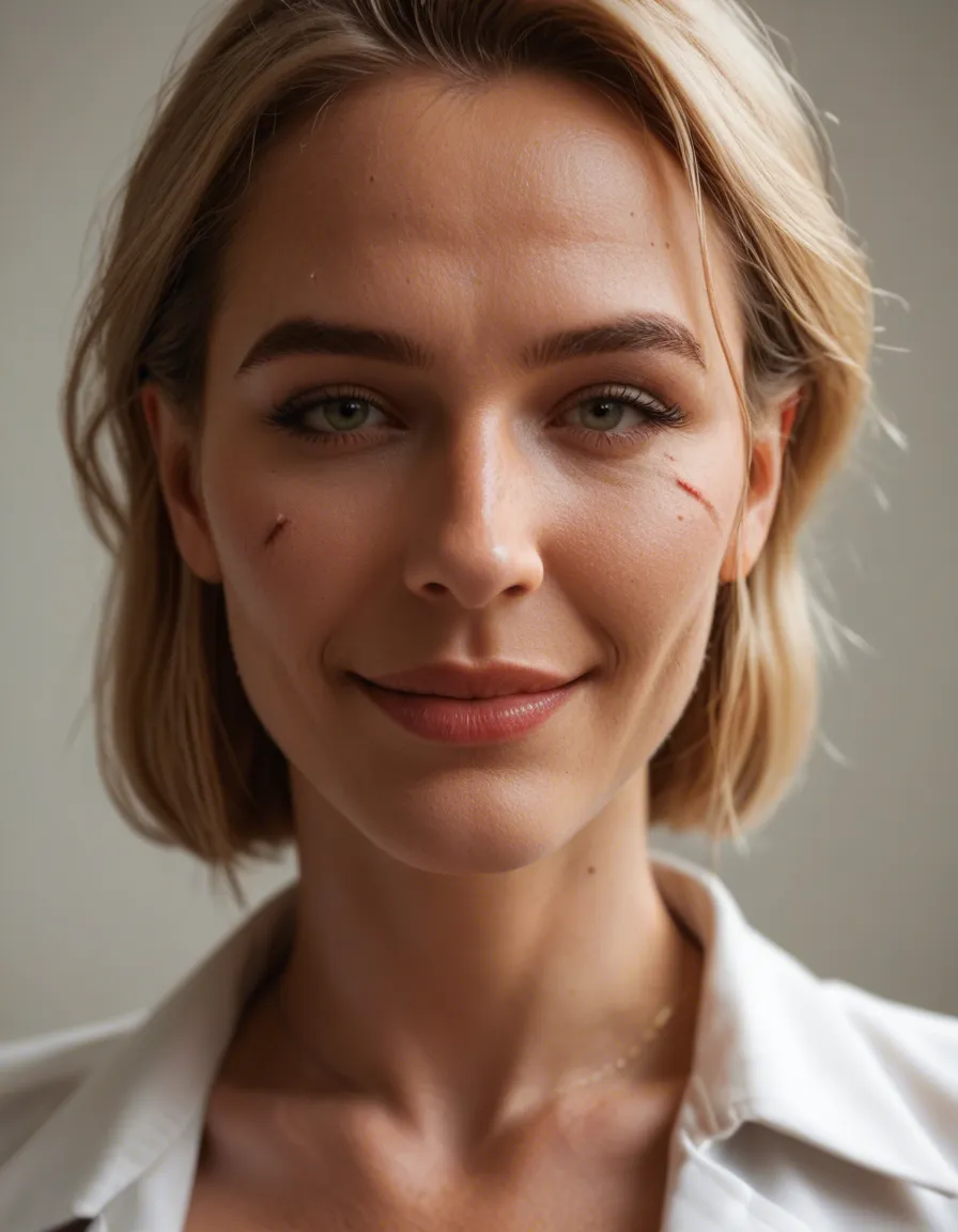 professional photo, high detail, close-up, mature female, futanari, scar, shy smile, 8k uhd photo, score_9, score_8, candid photo, realistic skin texture, visible skin pores, film grain, depth of field