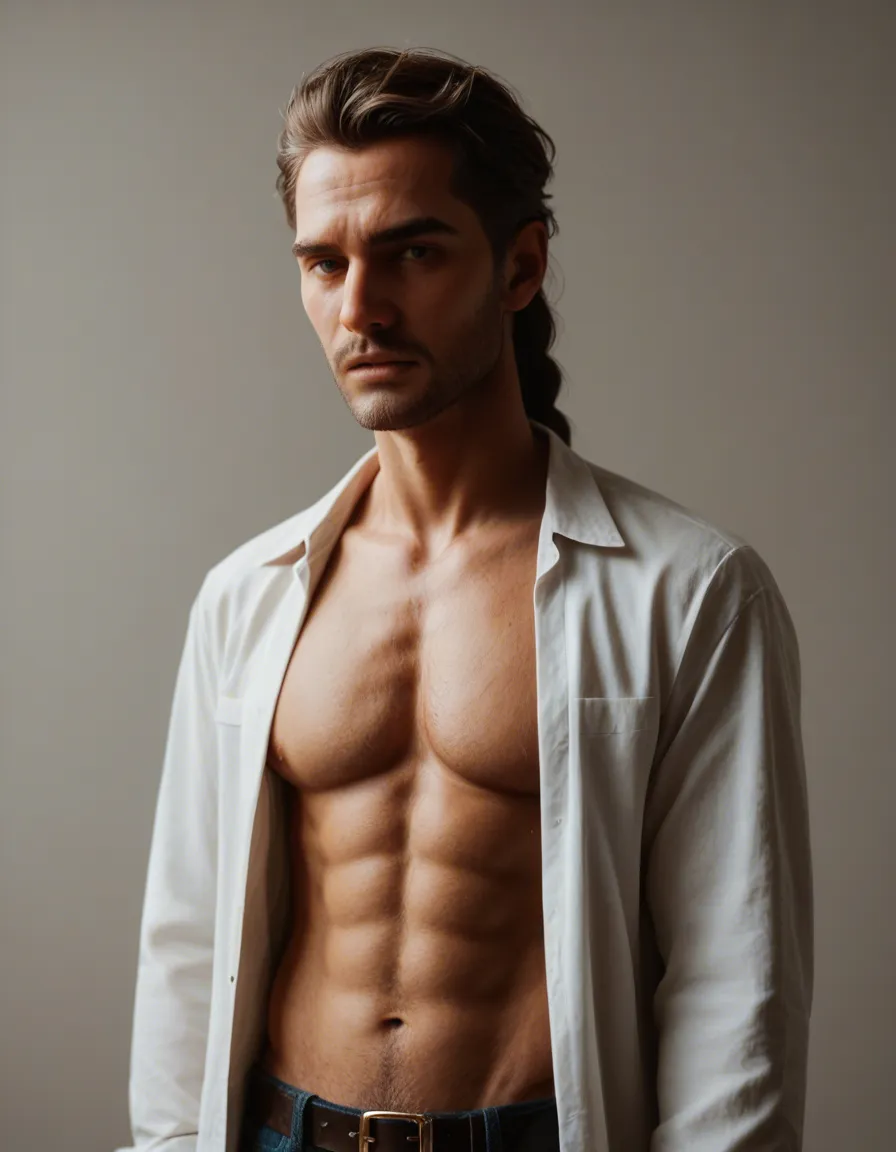8k, sharp focus, detailed skin, 1boy, braid, open clothes, bondage, lifelike render, score_9, score_8, candid photo, realistic skin texture, visible skin pores, film grain, depth of field