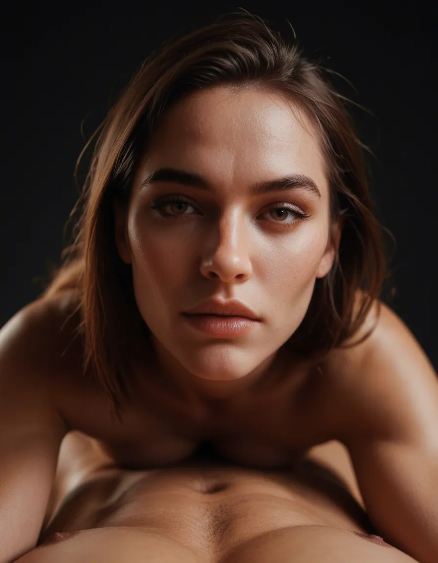 cinematic photo, 8k, POV, solo focus, 69 position, hourglass figure, black background, lifelike render, score_9, score_8, candid photo, realistic skin texture, visible skin pores, film grain, depth of field