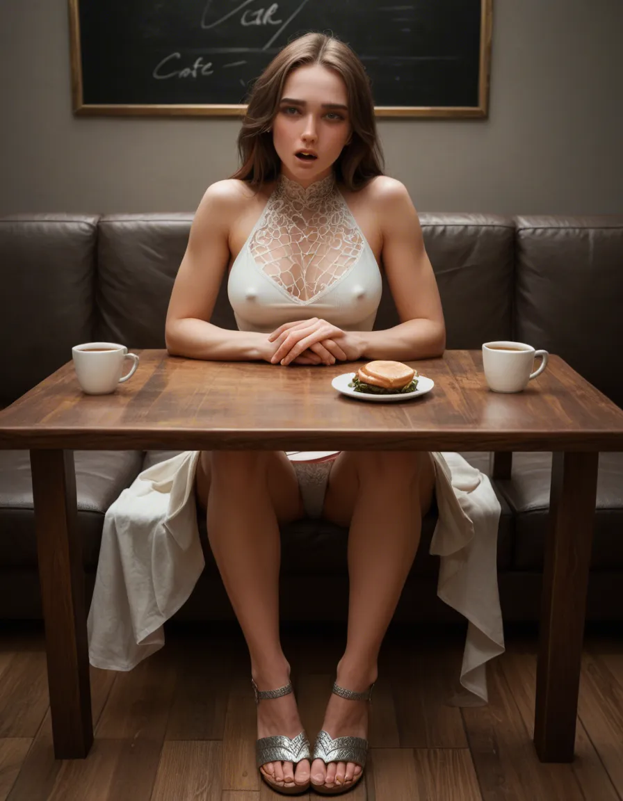 woman 25 years old long brown hair, cute heart shaped face, green eyes, orgasm , facing_away head_tilt ,erect nipples. Sitting at cafe table with hands on table, legs just apart under table , panties_aside ,Wearing short A line dress, lacy silver sandals ,female_pubic_hair, score_9, score_8, candid photo, realistic skin texture, visible skin pores, film grain, depth of field