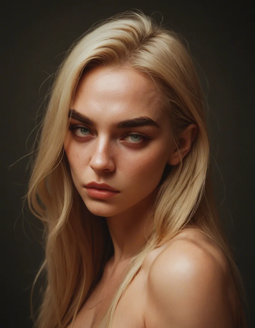 The young woman depicted in the image possesses an striking appearance, characterized by her long, straight blonde hair, which is styled with a precise middle part and falls around her shoulders with delicate strands framing her face. Her facial features are particularly defined, featuring dark, elongated eyes and thick eyebrows that contrast sharply with her light skin tone, along with plump, visibly outlined lips. She wears a long-sleeved, scoop-neck top with a distressed beige and brown pattern, possibly a tie-dye or camouflage print, adorned with three visible buttons on the collar and subtle white embroidery on the left chest. She has a dainty, cross-pendant necklace and small, silver stud earrings. Her pose is expressive, with one arm casually raised, resting her hand on the back of her head, which gives a relaxed but composed feel. She is also wearing dark blue jeans and has some small, light-colored bracelets on her wrist, regular boobs, naked, score_9, score_8, candid photo, realistic skin texture, visible skin pores, film grain, depth of field