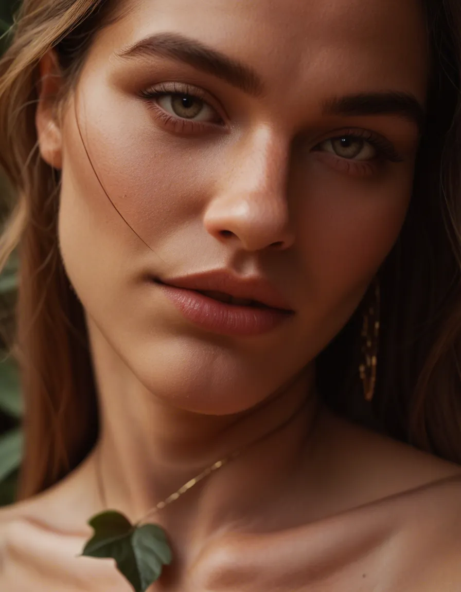 8k, sharp focus, detailed skin, solo, toes, evening gown, topless, leaf, close-up, dslr quality, score_9, score_8, candid photo, realistic skin texture, visible skin pores, film grain, depth of field