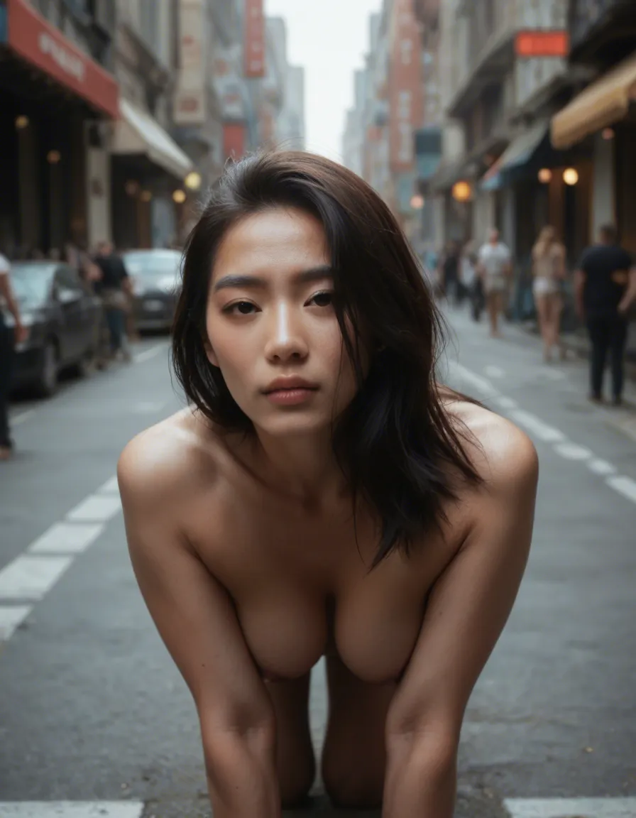 asian public_indecency crowd watching doggystyle street black_hair, score_9, score_8, candid photo, realistic skin texture, visible skin pores, film grain, depth of field