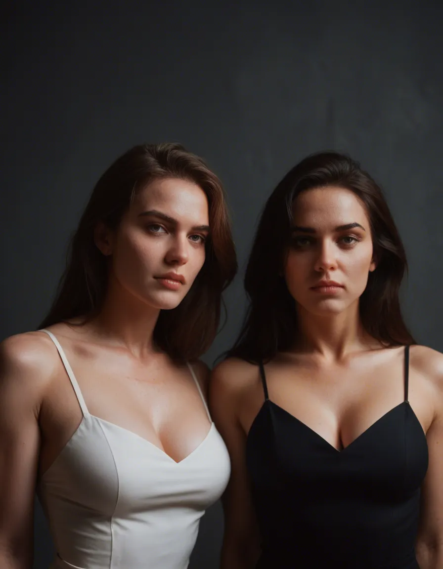 professional photo, high detail, 2women, collarbone, dress, bondage, portrait, cool tones, RAW photo, score_9, score_8, candid photo, realistic skin texture, visible skin pores, film grain, depth of field
