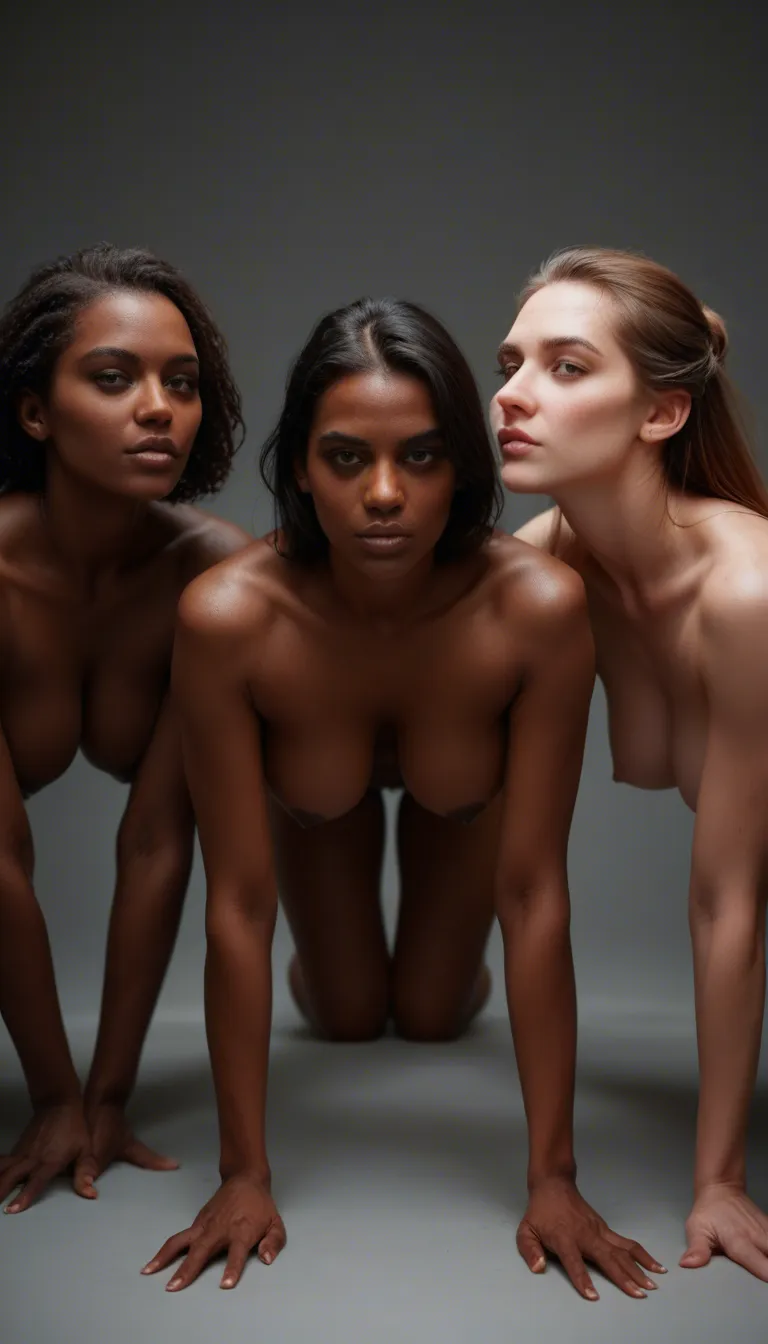 ultra HD, lifelike, 3 women, dark skin, topless, bent over with large breasts hanging down, photorealistic