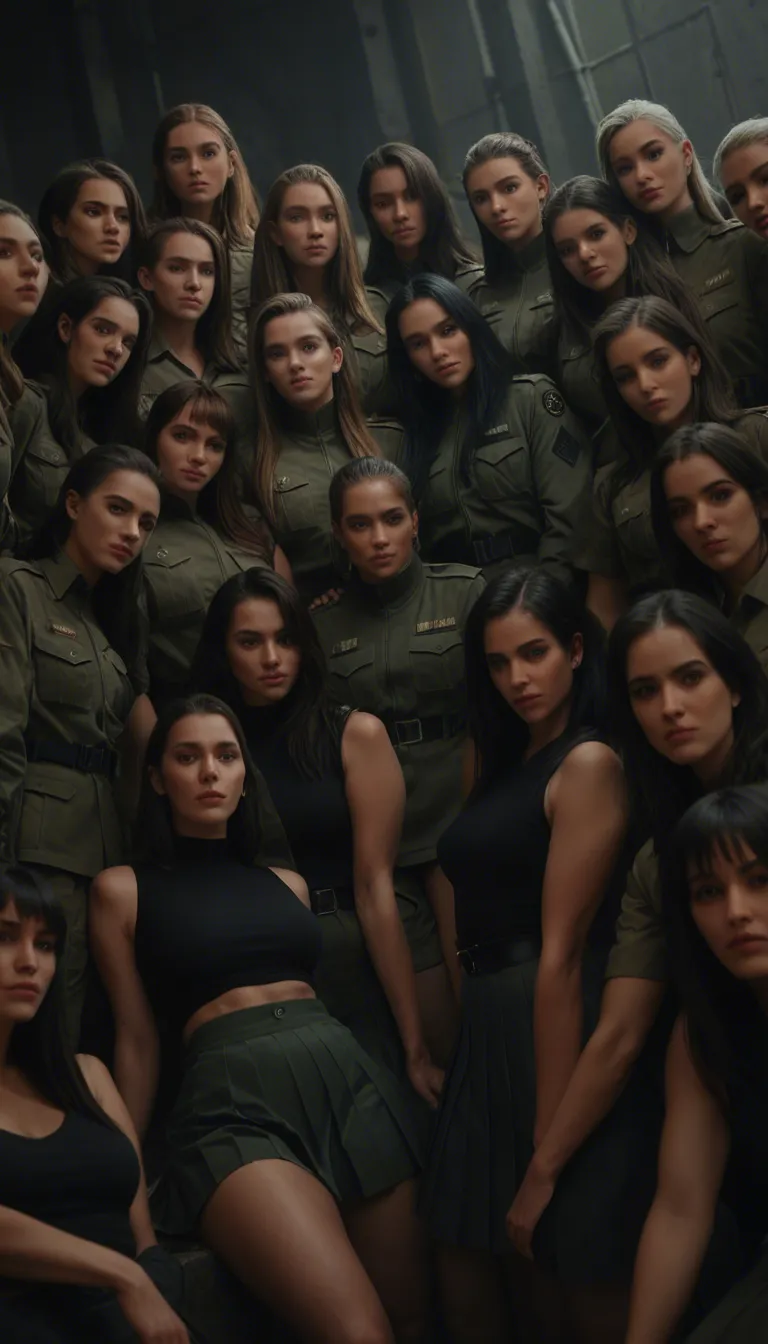 sharp focus, 8k uhd, 6+girls, curvy figure, pleated skirt, cuddling, arching back, military, dutch angle, studio lighting, studio photo