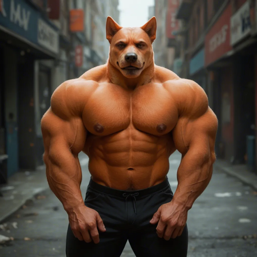 best quality, high quality, amazing quality, male, anthro dog, buff, big and huge muscles, orange body/fur, thick arms, short tail, black eyes, thick red eyebrows, short ears, gray muzzle, black nose, grinning, wide grin, happy, tusks, angry, green beanie with red "D", bulldog, naked, big butt, balls, from behind, back, rear view, anal, gay sex, penis in anus