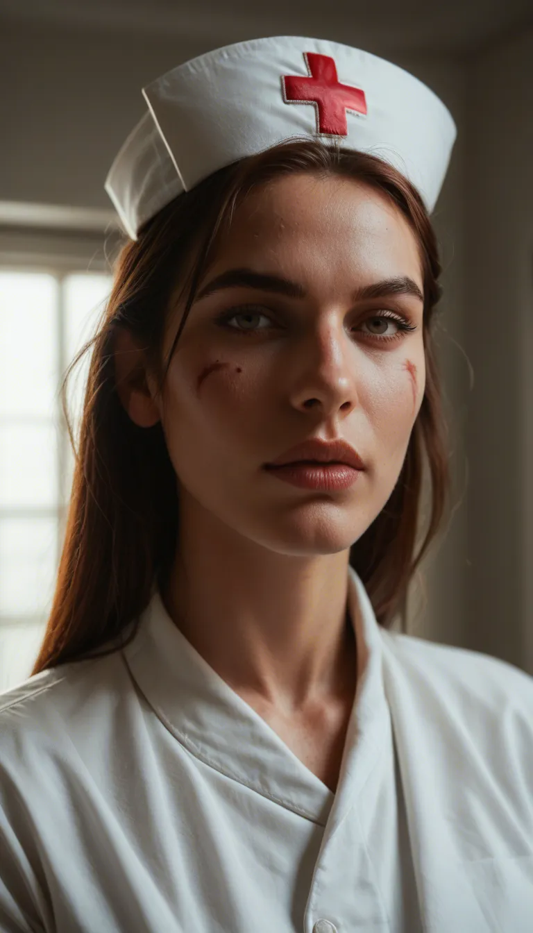 RAW photo, ultra realistic, nurse, scar, bow, slow turn, arching back, extreme close-up, soft lighting, 8k uhd photo