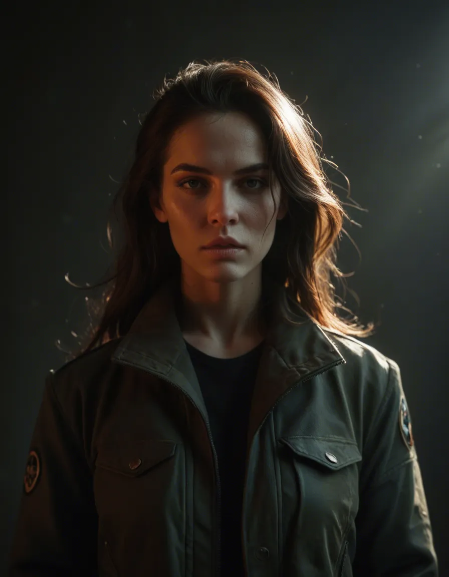 ultra HD, lifelike, brunette woman, floating hair, jacket, creampie, dramatic lighting, natural skin texture, score_9, score_8, candid photo, realistic skin texture, visible skin pores, film grain, depth of field