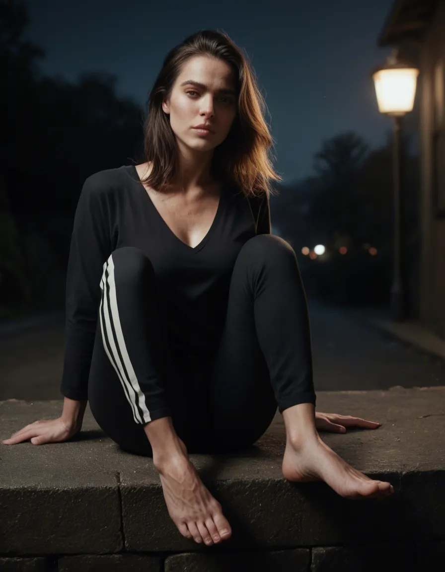 dslr, film grain, photorealistic, solo focus, feet, pants, presenting, night, cinematic realism, score_9, score_8, candid photo, realistic skin texture, visible skin pores, film grain, depth of field