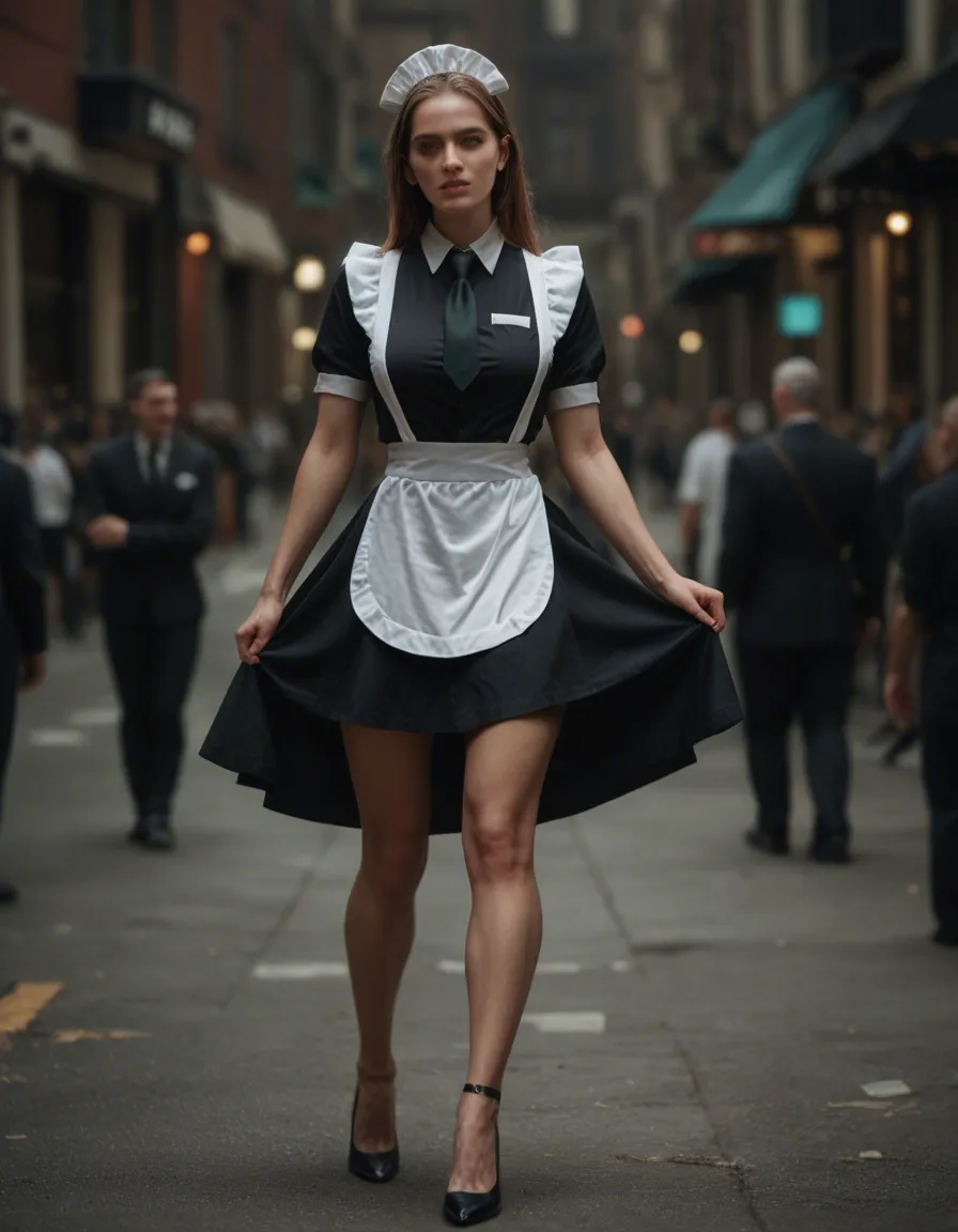 sharp focus, 8k uhd, maid, standing, necktie, leg up, blurry background, RAW photo, score_9, score_8, candid photo, realistic skin texture, visible skin pores, film grain, depth of field