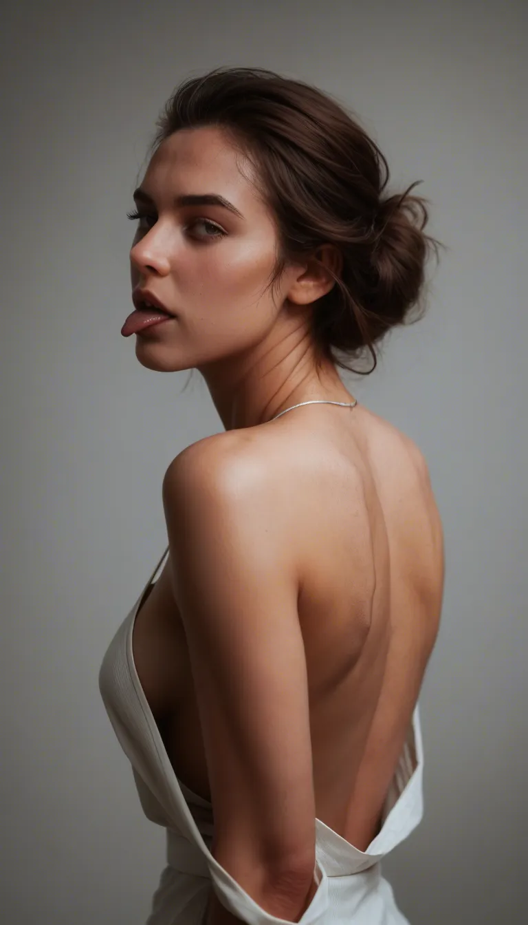 photorealistic, highly detailed, a handsome young man slowly licking the bare upper back and spine of a beautiful young woman wearing a sexy open backless blouse, her entire back exposed, soft glistening skin with a thin saliva trail, intimate close-up side view, she has a sensual expression and slightly arched back, dim romantic lighting, shallow depth of field, realistic skin texture, 8k, sharp focus, cinematic starting from lower back and going towards neck while pressing her boobs from both hand