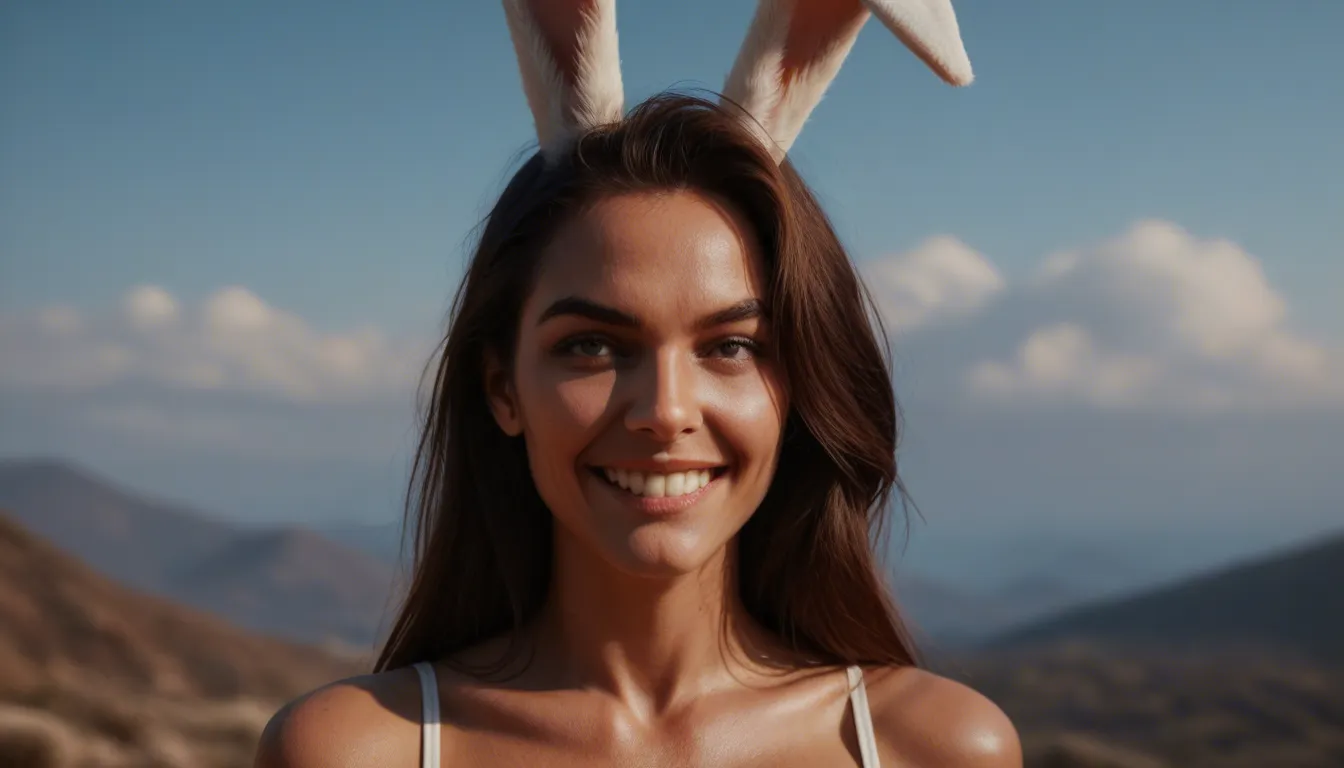 dslr, film grain, photorealistic, portrait, bunny woman, presenting, colored skin, blue sky, teasing grin, natural skin texture, score_9, score_8, candid photo, realistic skin texture, visible skin pores, film grain, depth of field