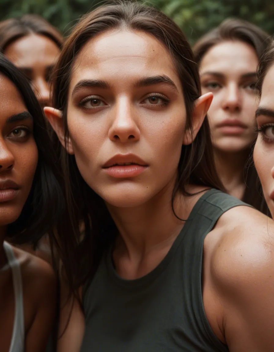 8k, sharp focus, detailed skin, 4girls, pointy ears, sleeveless, presenting, 8k uhd photo, score_9, score_8, candid photo, realistic skin texture, visible skin pores, film grain, depth of field