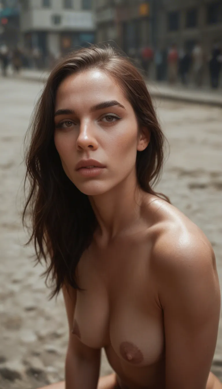 Beautiful naked brunette gives a blowjob in public
