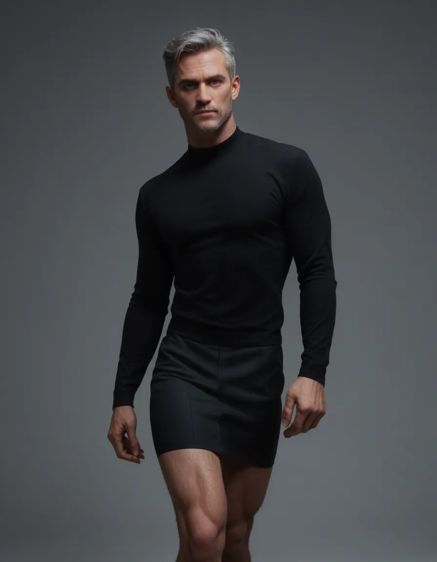 studio quality, sharp focus, male focus, grey hair, black skirt, leg up, ambient glow, cinematic realism, score_9, score_8, candid photo, realistic skin texture, visible skin pores, film grain, depth of field