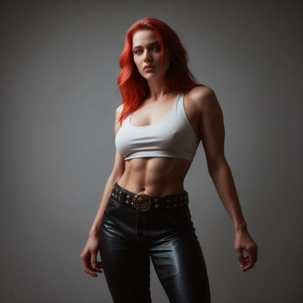 best quality, hyperrealistic, solo focus, red hair, belt, futanari, neon glow, 8k uhd photo