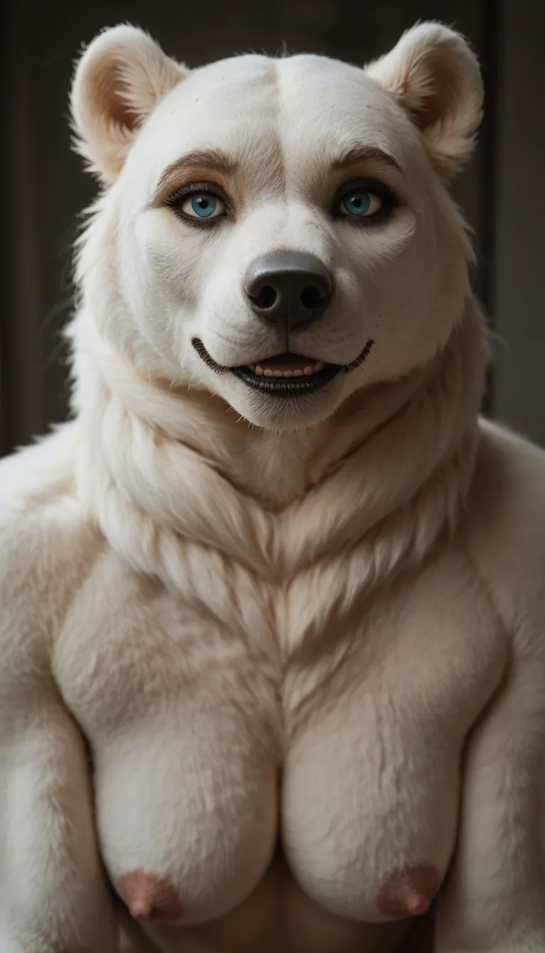 Furry Polar bear. futanari, Diagonally Bangs. Femme Fatal look on Face, Big Dick, small titts, 30 Years old, dick and titts fully visible, fit build, strocking her own dick