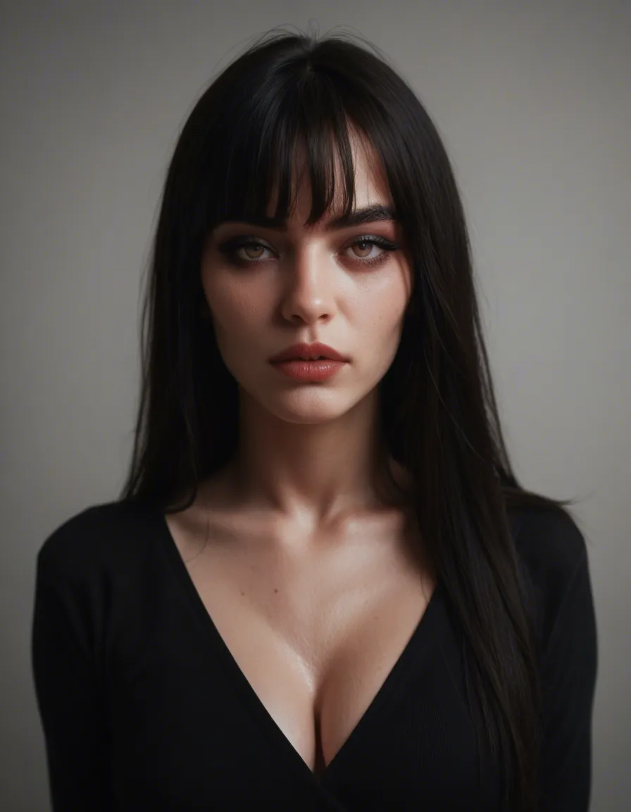 Make a goth pawg with long bangs and no heavy make up, score_9, score_8, candid photo, realistic skin texture, visible skin pores, film grain, depth of field