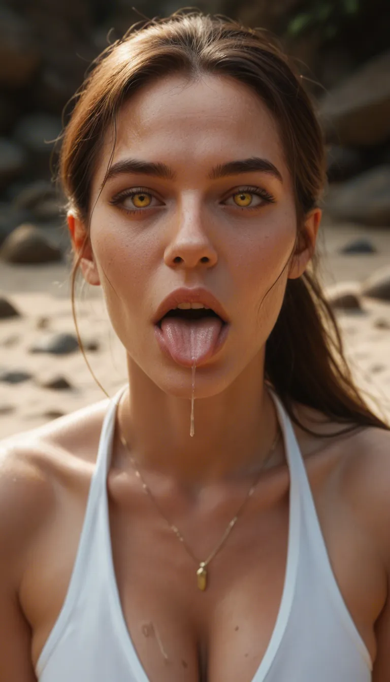a sexy beige skinned anime woman with yellow eyes and brown ponytail (long Chessy melting steamy saliva yellow tongue) (putting her tongue in a beachy woman (who is wearing a green and white striped bra and has blue eyes and blonde ponytail) 's mouth while holding her head still)