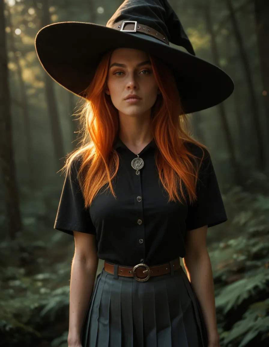 highly detailed, natural lighting, witch, orange hair, pleated skirt, presenting, volumetric light, dslr quality, score_9, score_8, candid photo, realistic skin texture, visible skin pores, film grain, depth of field