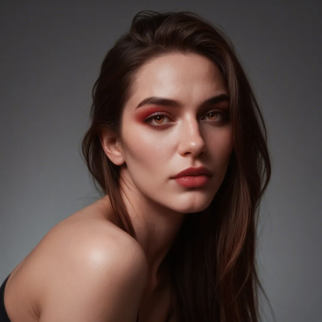 studio quality, sharp focus, demon girl, bent over, lips, gradient background, mysterious vibe, hyperrealistic, score_9, score_8, candid photo, realistic skin texture, visible skin pores, film grain, depth of field