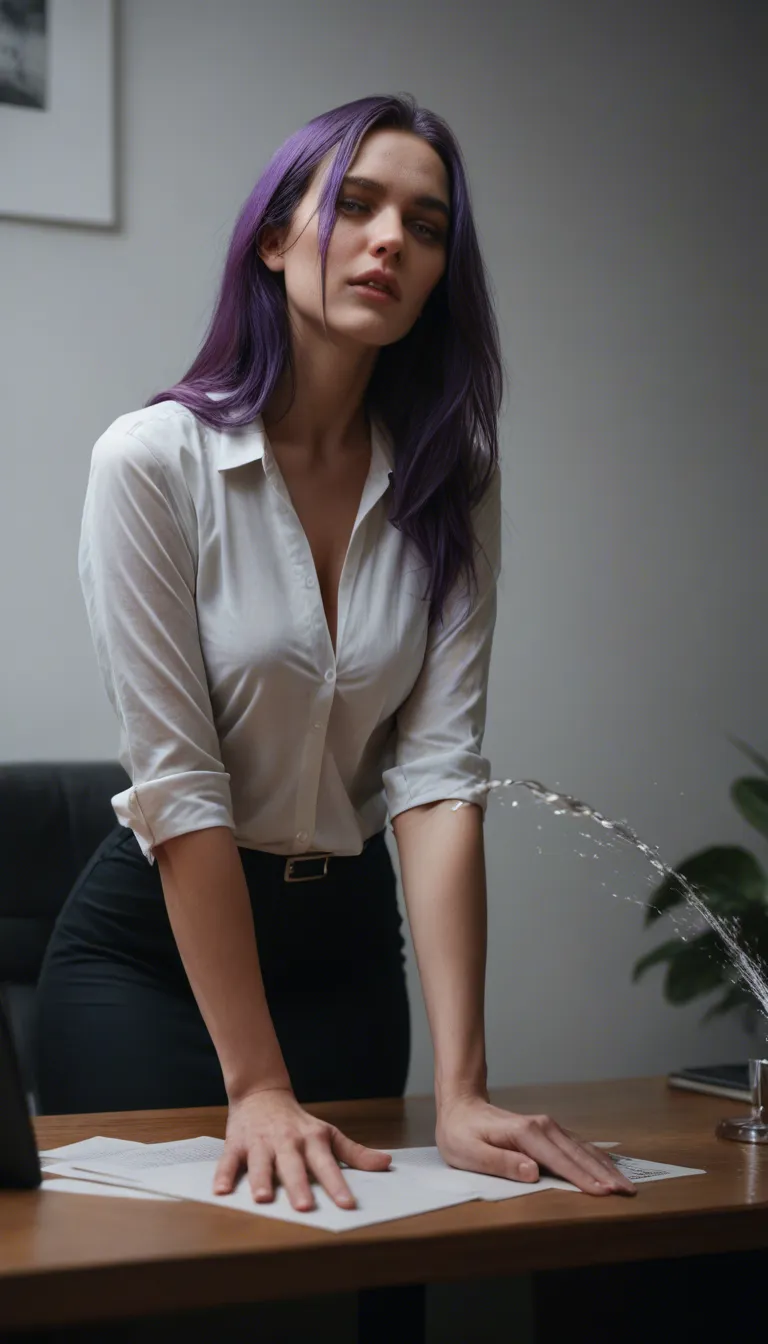 studio quality, sharp focus, multiple women, purple hair, office wear, squirting, warm tones, studio photo