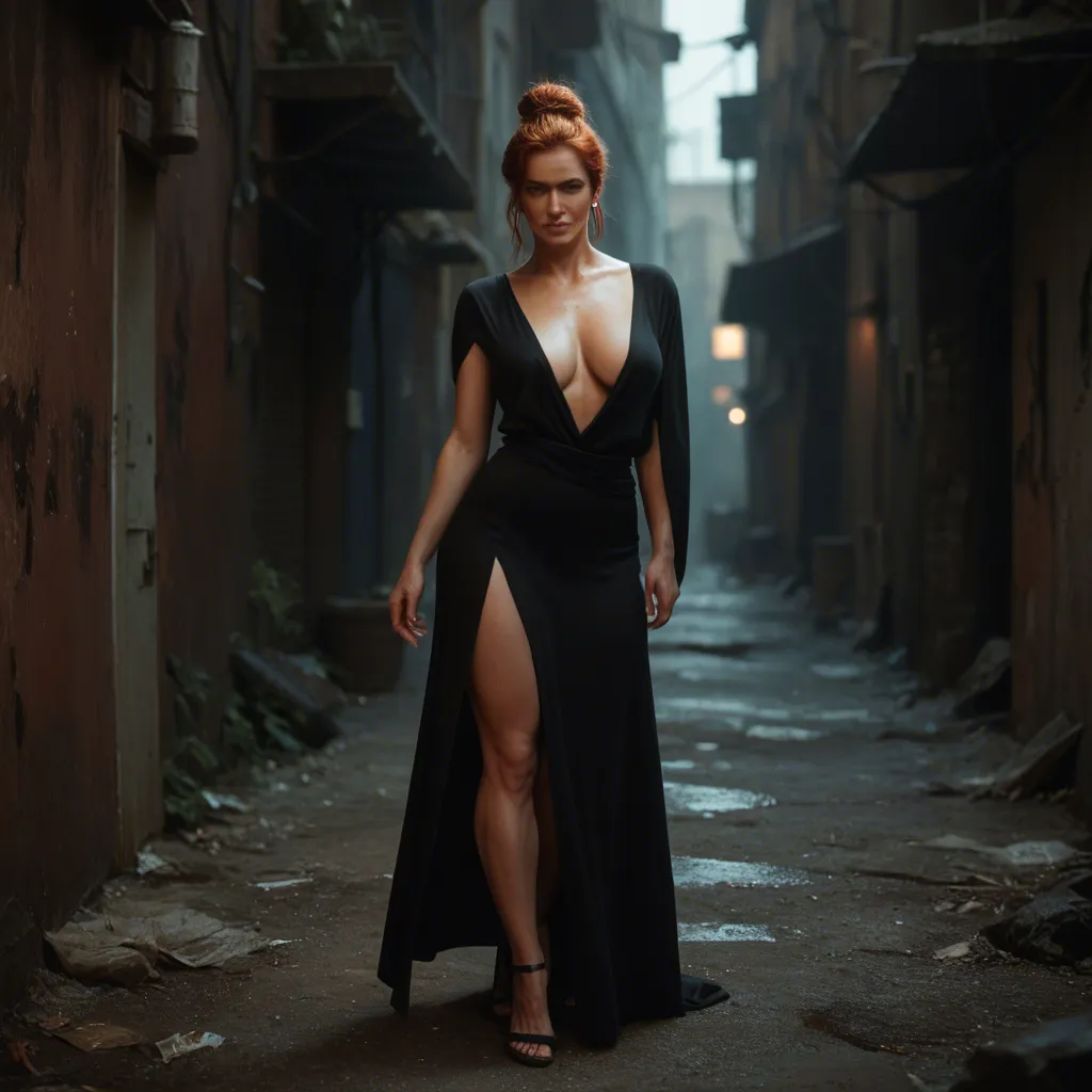 A full body shot of two adults in a dark alley at night: a mature redhead female with medium breasts and her hair in a loose bun, wearing a full black leather bodysuit and black ankle boots, is squatting with her back against a brick wall on the right, and a dark-skinned police officer in full police uniform, with his pants unzipped and his erect penis out, is standing in front of her on the left. There is a police car behind them. The woman is giving the man a blowjob. The woman's right hand grips the shaft of the man's penis firmly while she gently moves the penis in and out of her mouth. He grabs her hair with both hands and gently guides her head forward. They stay planted, their bodies remain naturally proportioned, and their movements are restrained and continuous. Static medium camera, realistic human motion, natural facial expressions.