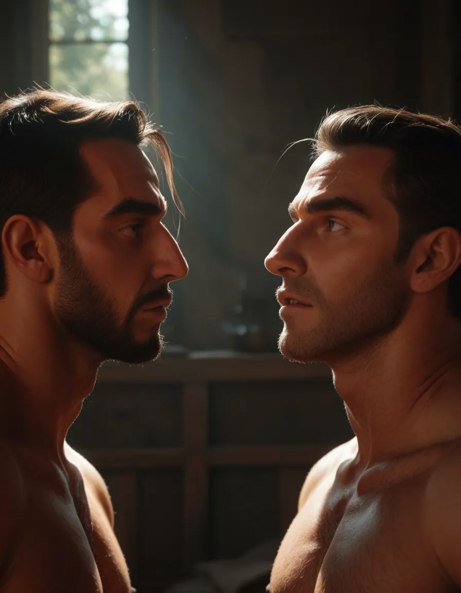 highly detailed, natural lighting, extreme close-up, 2boys, bondage, colored skin, indoors, natural skin texture, score_9, score_8, candid photo, realistic skin texture, visible skin pores, film grain, depth of field