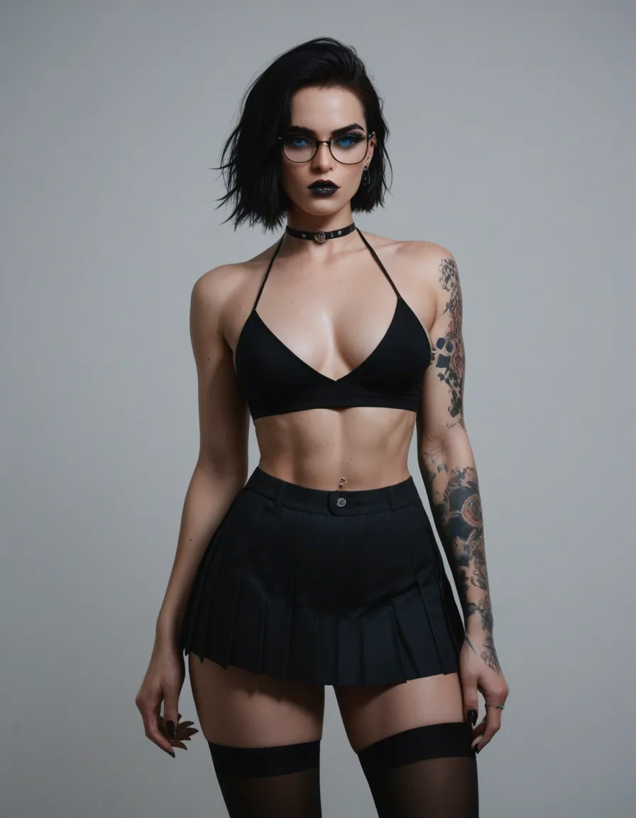 RAW photo, tall brunette with tattoos piercings and glasses, with small perky breasts. Gothic look, blue eyes. She has very short black hair. She has very small but perky tits. She is standing seductively wearing black stockings and a short black pleated skirt, score_9, score_8, candid photo, realistic skin texture, visible skin pores, film grain, depth of field
