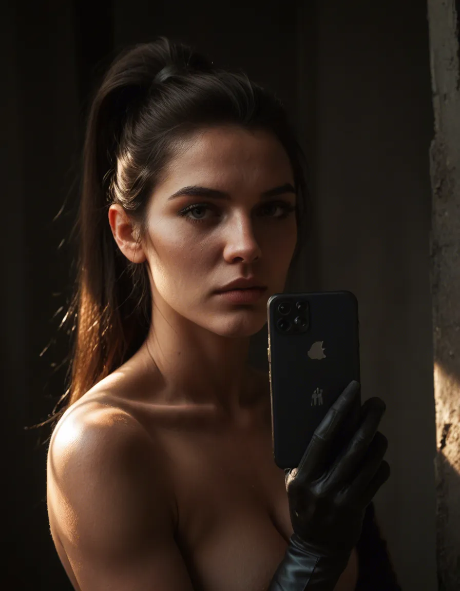 highly detailed, natural lighting, princess, ponytail, black gloves, bondage, film photography, score_9, score_8, amateur photo, phone snapshot, realistic skin texture, skin blemishes, soft indoor lighting