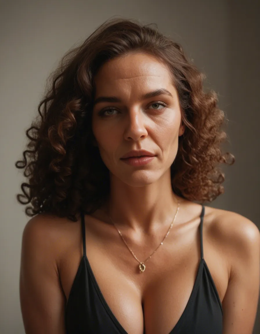 nacked fit milf with curly hair, score_9, score_8, candid photo, realistic skin texture, visible skin pores, film grain, depth of field