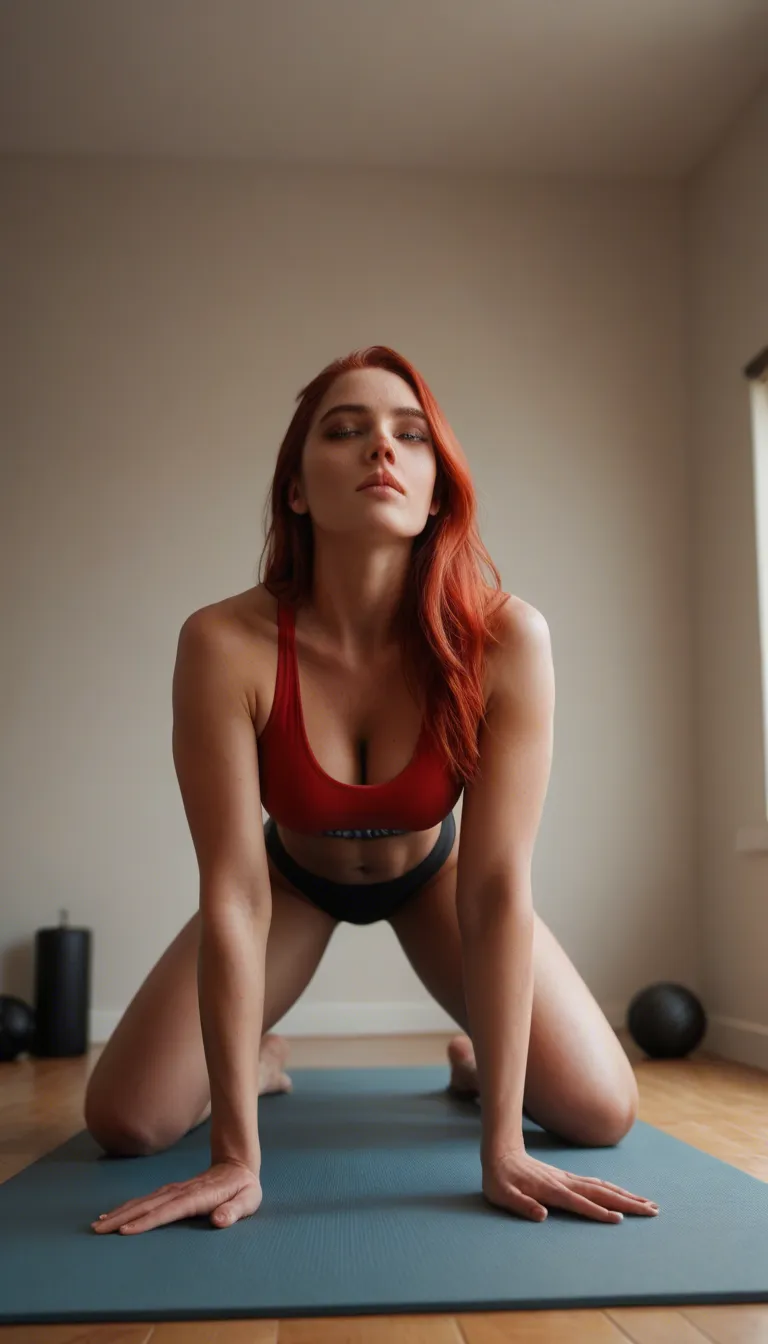 curvy  red haired woman laying on her back on yoga mat . Show view from the front (feet) side, low angle. She brings her knees up while keeping her feet on the ground and spreads legs and moves (lifts) her hips up and down. she is wearing a miniskirt.