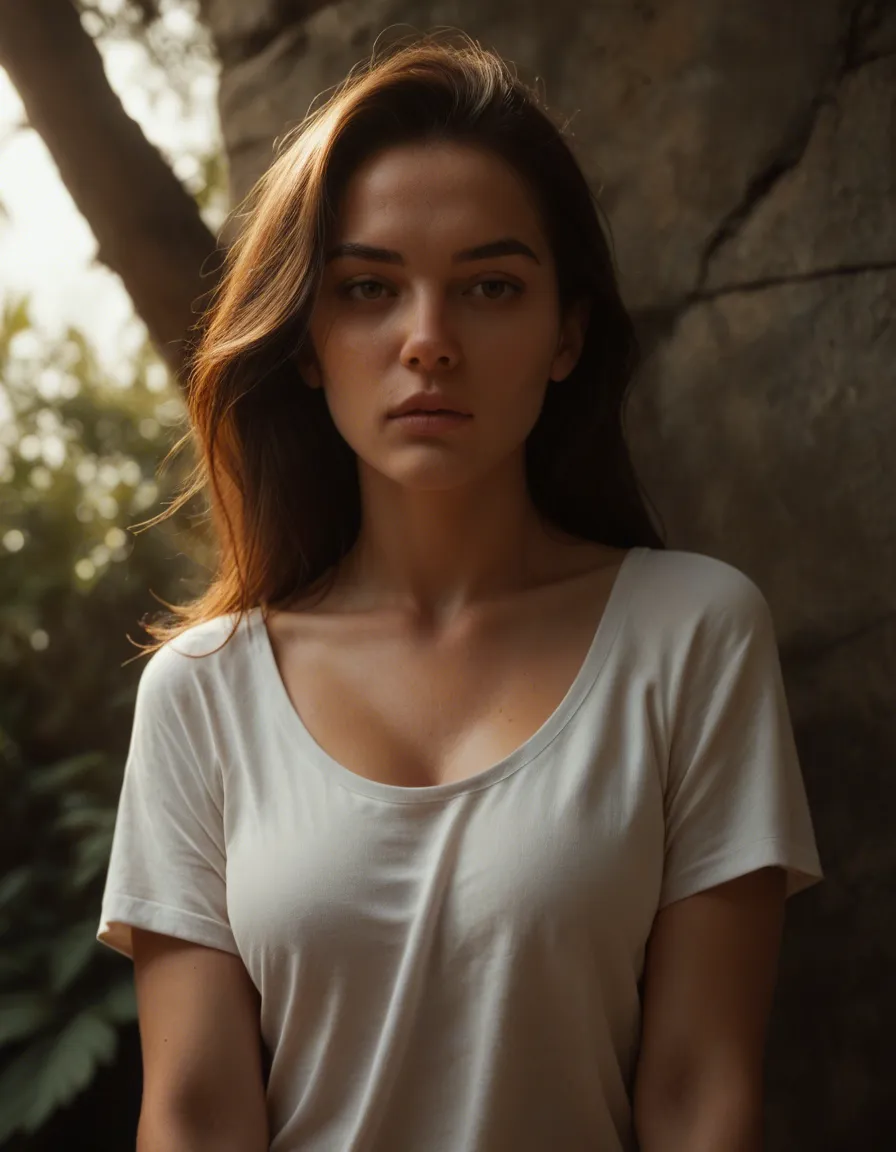 ultra HD, lifelike, brunette woman, collarbone, short sleeves, fully nude, sunlight, from below, natural skin texture, score_9, score_8, candid photo, realistic skin texture, visible skin pores, film grain, depth of field