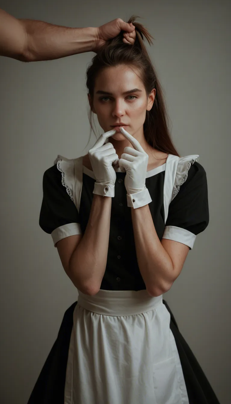 dslr, film grain, photorealistic, maid, gloves, hair pull, 8k uhd photo