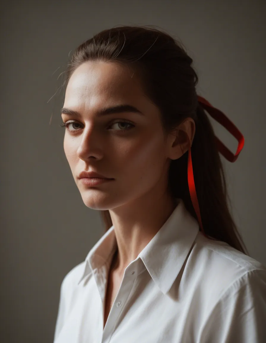 best quality, hyperrealistic, solo, hair ribbon, collared shirt, fully nude, cool tones, natural skin texture, score_9, score_8, candid photo, realistic skin texture, visible skin pores, film grain, depth of field