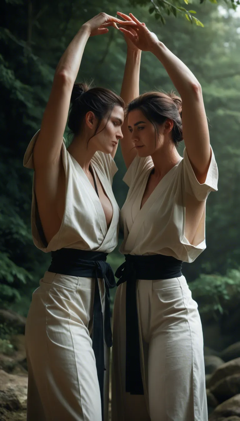 RAW photo, ultra realistic, 2women, arms up, japanese clothes, scissoring